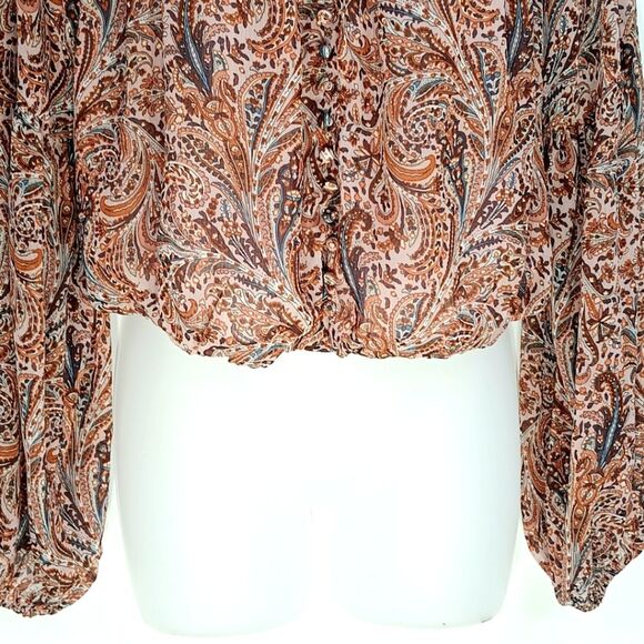 RACHEL ZOE Women’s Neutral Paisley Sheer Blouse Medium Boho Balloon Cropped - Picture 3 of 11